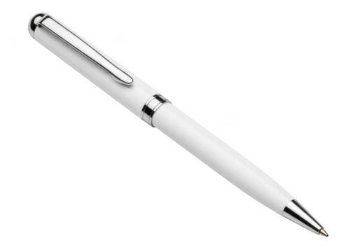 Elegant white ballpoint pen with silver accents on a stark black background showcasing sophistication and simplicity for writing and design