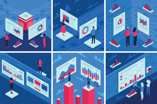 Data visualization set of isometric illustrations, banners. Data tools finance diagram. 3D statistical and marketing vector elements for web site, presentation, apps, infographics