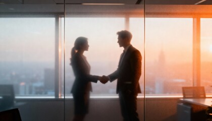Blurred business handshake behind frosted glass in modern office