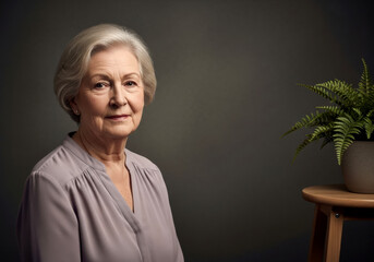 Studio portrait elderly woman calm expression lavender blouse charcoal-gray backdrop wooden stool potted fern soft neutral tones longevity aging