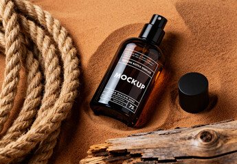 Amber Glass Perfume Spray Bottle Mockup in Desert Sand with Rope and Driftwood