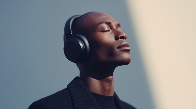 Modern African American man wearing headphones, enjoying music with eyes closed, showcasing a serene expression and artistic tech portrait style in a minimalist setting