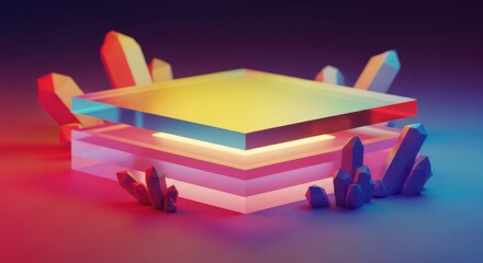 Abstract Platform with Crystals in Neon Lighting Sci Fi