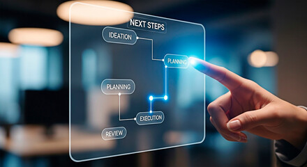 Business process with hand touching a virtual screen for the concept of technology and innovation.