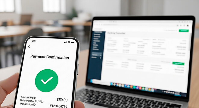 Smartphone and laptop representing online payment confirmation concept. - Powered by Adobe