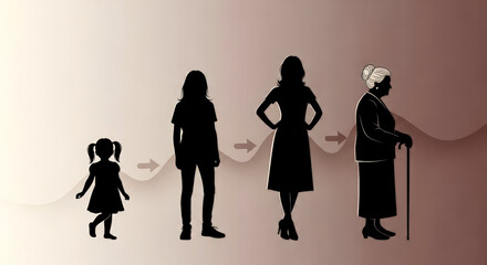 Stylized silhouette sequence of girl growing to teenager adult senior woman in warm monochrome tones with gentle gradients representing aging