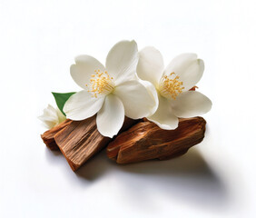  sandalwood and sandalwood powder, Jasmine flowers with green leaves isolated on a white background. isolated