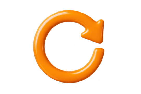 Orange 3d rendering of a glossy arrow forming a circle, symbolizing refresh, redo, or update. Transparent background - Powered by Adobe