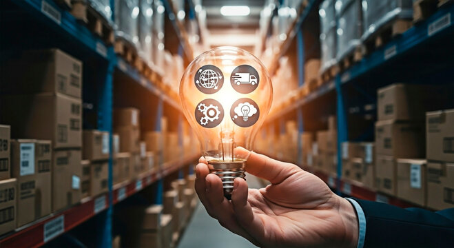 Hand holding lightbulb with warehouse in the background for the concept of innovation and logistics.