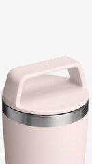 Stylish pink travel cup with a sturdy handle for easy carrying and convenient drinking on the go.