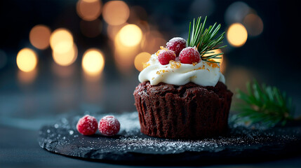 Chocolate cupcake with white frosting, sugared cranberries and pine sprig on dark stone plate with warm bokeh lights