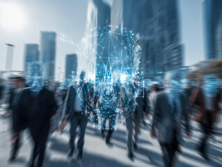 Futuristic digital facial recognition concept overlayed on blurred busy urban crowd walking among tall city buildings in broad daylight