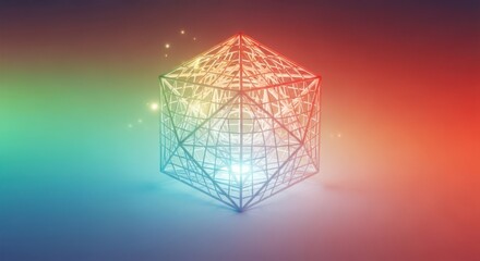 Abstract Wireframe Cube with Vibrant Gradient Background Radiance