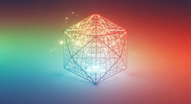 Abstract Wireframe Cube with Vibrant Gradient Background Radiance