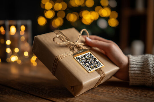 Scanning a QR code on a beautifully wrapped gift box during a cozy evening