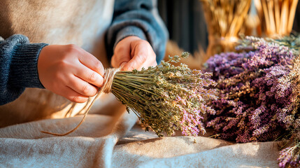Person tying a bundle of dried lavender flowers with twine on rustic table surrounded by bunches of herbs in warm light