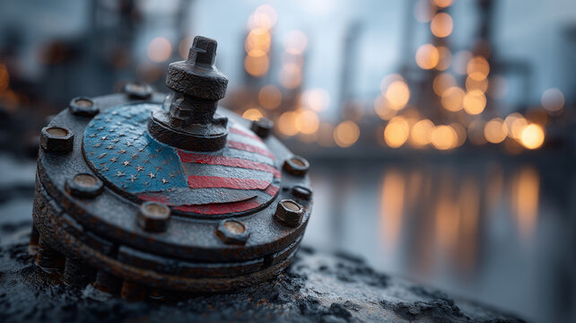 Focus on a pipeline valve surrounded by blurred oil refinery lights at dusk - Powered by Adobe