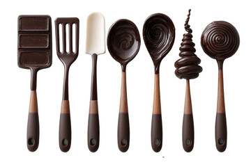 Assorted chocolate tools set arranged top-down on white background