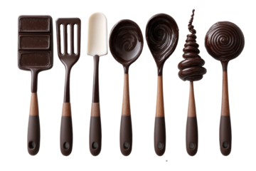 Assorted chocolate tools set arranged top-down on white background