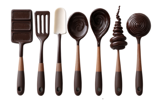 Assorted chocolate tools set arranged top-down on white background