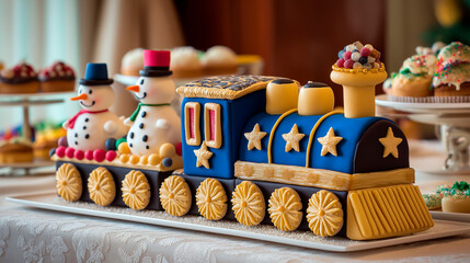 Colorful Christmas cake shaped like a train with fondant snowmen and decorations displayed on festive dessert table