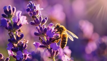 macro shot of a honeybee collecting nectar from a vibrant purple lavender flower in a sunlit meadow