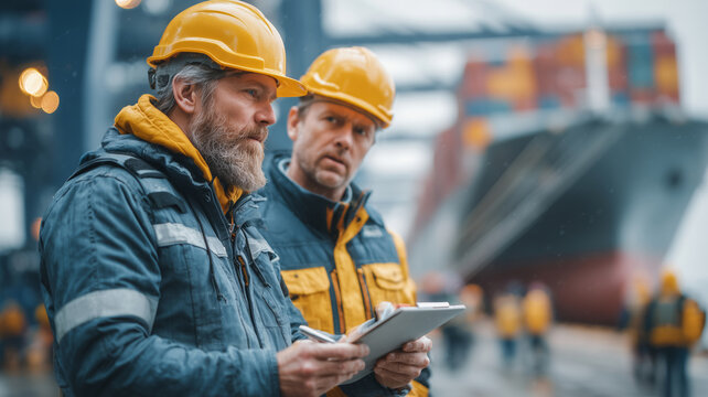Engineers discussing project plans at busy shipping terminal in overcast weather - Powered by Adobe