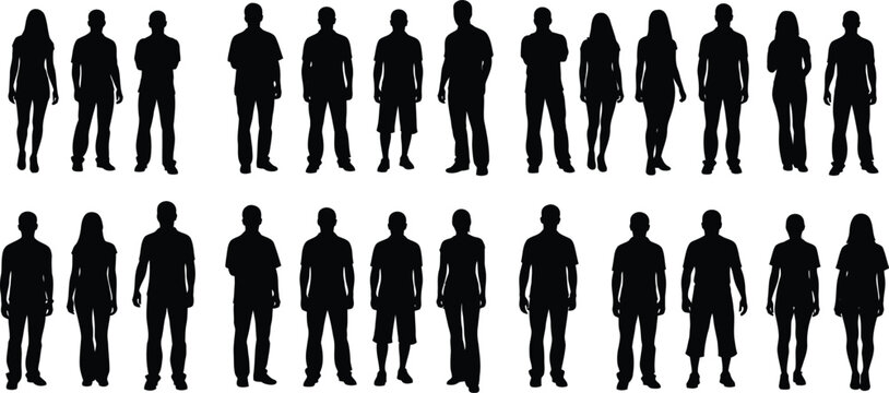 Stock vector silhouettes of people standing in various poses for graphic design and illustration