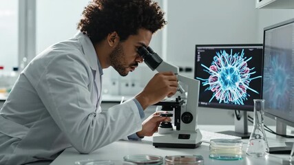 Scientist examining sample under microscope in modern laboratory, focused analytical mood, video for medical research presentations, biotechnology advertising, educational materials 