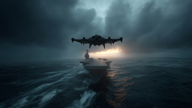 Aerial view of a drone flying over the ocean and aircraft carrier