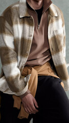 Trendy outfit featuring a plaid shirt and casual layering in a modern indoor setting during a relaxed day.