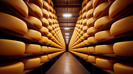 Rows of large round cheese wheels aging on wooden shelves in temperature-controlled cheese cellar with warm lighting
