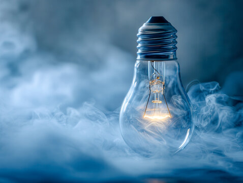Glowing light bulb surrounded by swirling smoke against a soft blue background symbolizing creativity and innovation in a mysterious atmosphere - Powered by Adobe