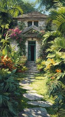 Beautiful Garden Pathway Leading to a Charming House Surrounded by Lush Greenery and Colorful Flowers