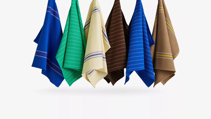 Vibrantly colored towels hanging against a white backdrop showcasing various shades and textures in a clean and modern display.