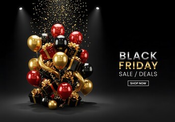 Luxurious black friday sale and deals with falling confetti and festive balloons