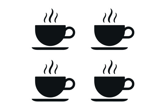 Four steaming cups of coffee are arranged in a pattern on a white background.