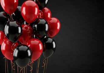 Vibrant red and black balloons floating against a dark background with golden confetti falling