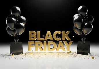 Golden black friday text with black balloons and confetti on a dark background representing sale and discounts