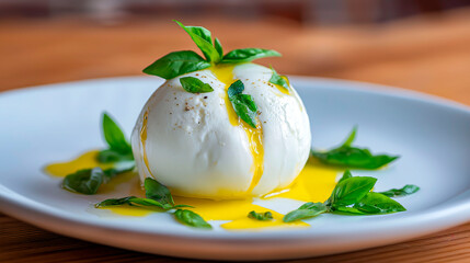 Fresh burrata cheese with olive oil and basil leaves served on white plate in rustic wooden setting