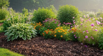 Vibrant flower bed with colorful wildflowers, lush greenery, and rich brown mulch. Flower bed enhances natural beauty with purple coneflowers and orange calendula plants.