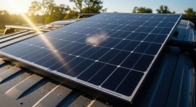 Solar panel powers sustainable technology with sunlight reflection on its shiny surface. Solar panel provides renewable energy for clean electricity, creating a greener future.