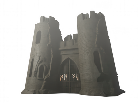 Ancient stone castle gate with glowing runes shrouded in mist transparent background medieval