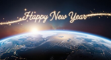 Happy New Year message in glowing script with stardust trail over planet earth at sunrise, a festive greeting for new beginnings