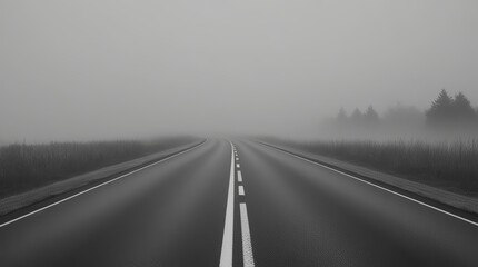 Minimalist Black and White Road in Fog – Fine Art Photograph of Winding Asphalt Road Disappearing into Mist
