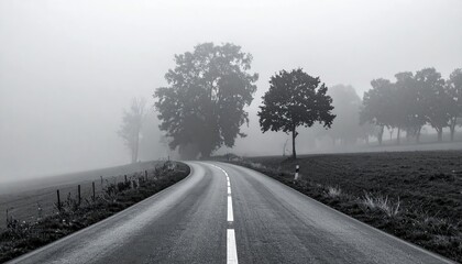Minimalist Black and White Road in Fog – Fine Art Photograph of Winding Asphalt Road Disappearing into Mist
