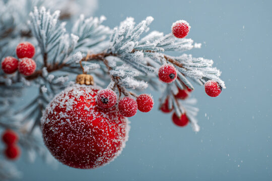 Frost-covered red berries and a festive ornament hanging from a snow-dusted pine branch against a soft blue winter background with gentle snowfall