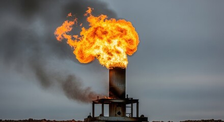 Bright flame emanating from industrial flare against overcast sky, gas flare ablaze. Gas flare releases excess natural gas through combustion.
