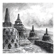 Textured stupa design displayed using bold pencil crosshatching strokes photography
