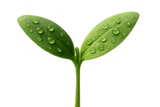 Green seedling plant with fresh water drops on leaves representing growth, sustainability, and new life on transparent background - Powered by Adobe